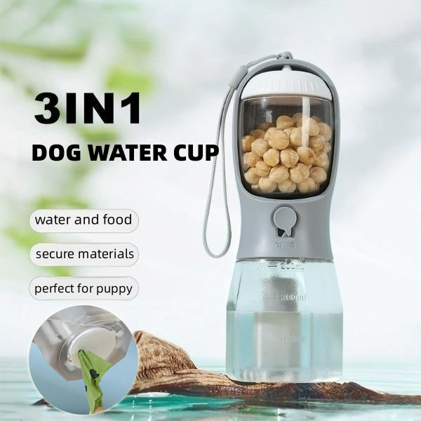3-in-1 Portable Dog Water Bottle Food Container & Waste Bag Holder