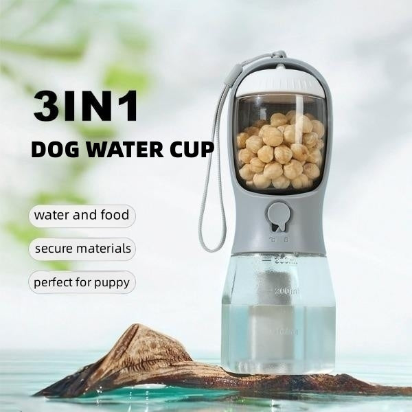 3-in-1 Portable Dog Water Bottle Food Container & Waste Bag Holder